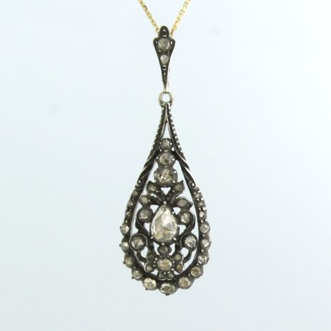 14 kt yellow gold necklace with gold and silver pendant set with diamond tot. 0.30ct