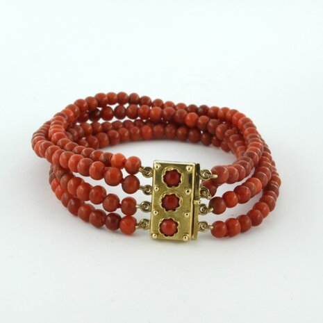 4 - strand red coral antique bracelet with a 14k antique lock