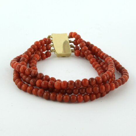 4 - strand red coral antique bracelet with a 14k antique lock