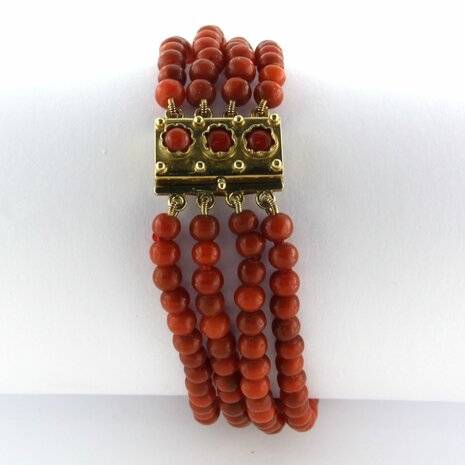 4 - strand red coral antique bracelet with a 14k antique lock