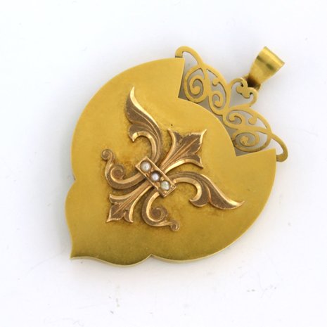 18 kt yellow gold medallion pendant set with pearls - dim. 5.3cm x 3.6cm