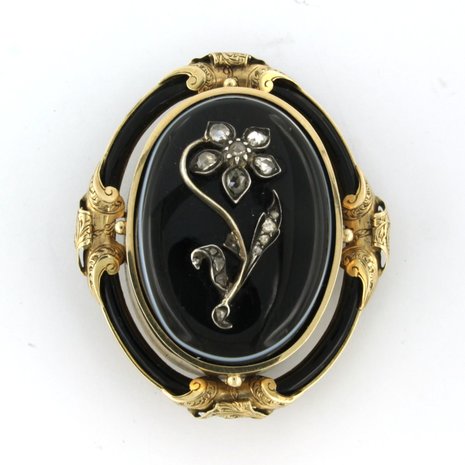 goud met zilver broche bezet met onyx en roos diamanten