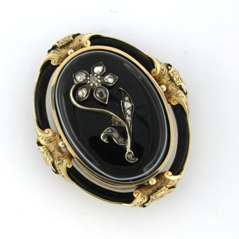 gold and silver brooch set with onyx and rose diamonds