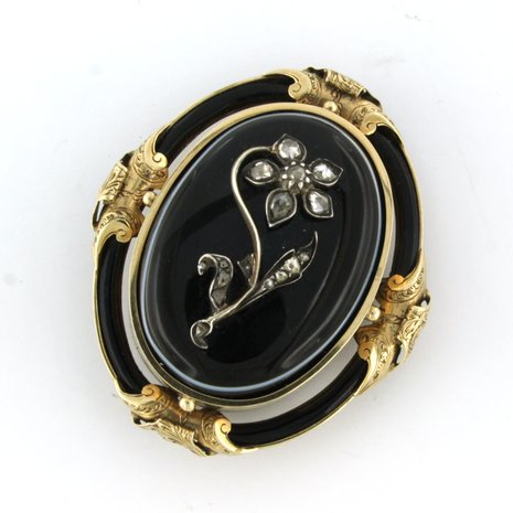 gold and silver brooch set with onyx and rose diamonds