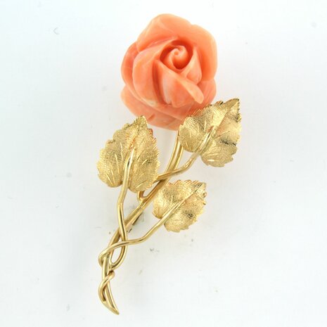 18k gold brooch with a coral rose head cut