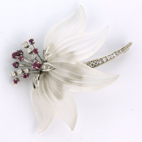 14 kt gold brooch with rock crystal, ruby ​​and brilliant/single cut diamond