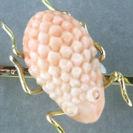 14k yellow gold brooch set with coral