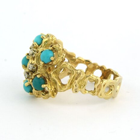 18k bicolor gouden ring bezet met turquoise en single cut geslepen diamant tot. 0,05ct