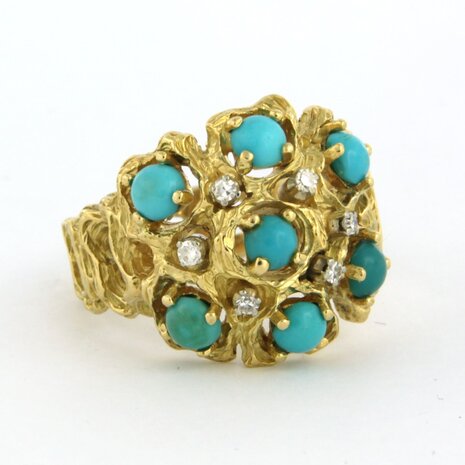 18k bicolor gouden ring bezet met turquoise en single cut geslepen diamant tot. 0,05ct
