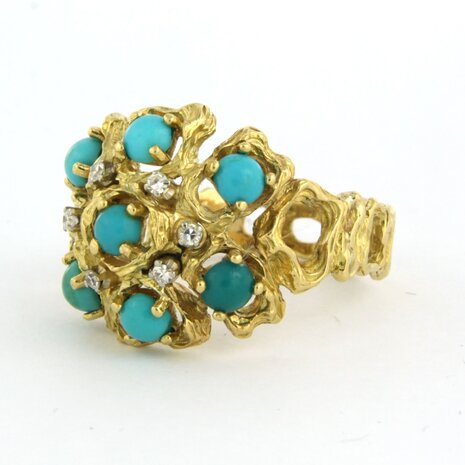 18k bicolor gouden ring bezet met turquoise en single cut geslepen diamant tot. 0,05ct