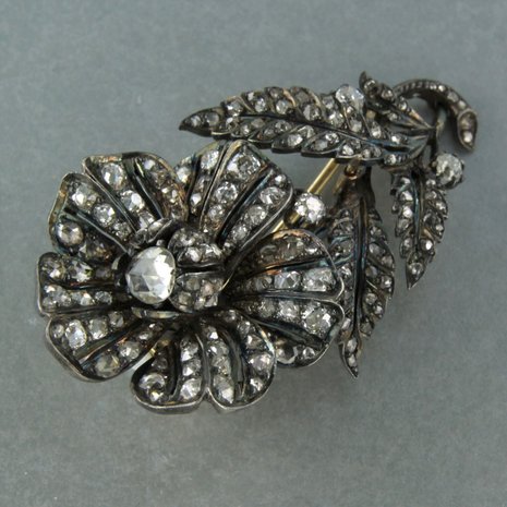 14k goud met zilver broche bezet met roos en old mine cut geslepen diamanten