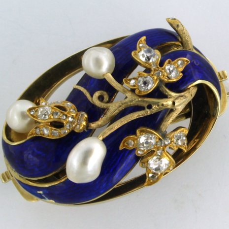 14k gold brooch with enamel, pearl and rose diamond tot. 0.75ct