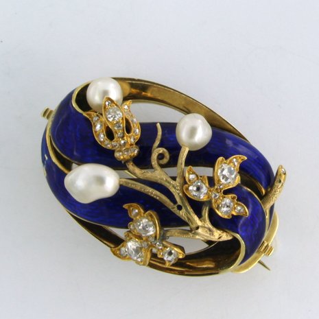 14k gold brooch with enamel, pearl and rose diamond tot. 0.75ct