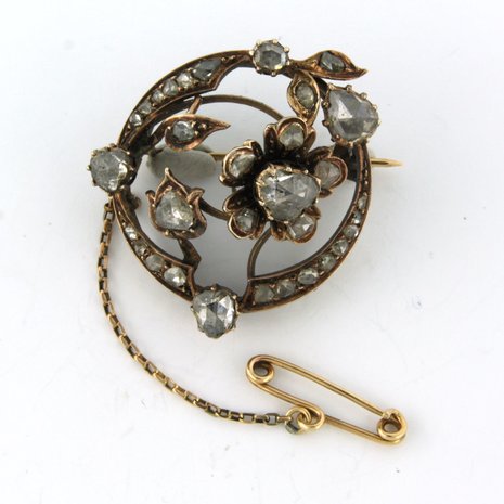 14k yellow gold brooch set with rose diamonds tot. 0.80ct