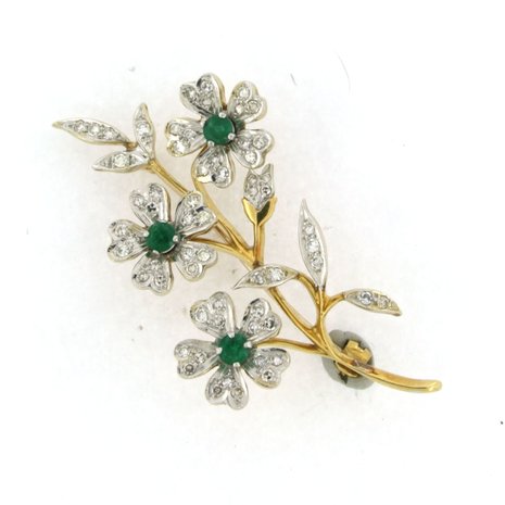 18k bicolor gouden takbroche bezet smaragd en single cut geslepen diamanten