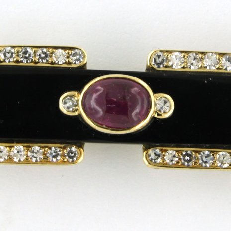 18k yellow gold brooch with onyx, ruby ​​and brilliant cut diamond