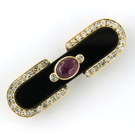 18k yellow gold brooch with onyx, ruby ​​and brilliant cut diamond