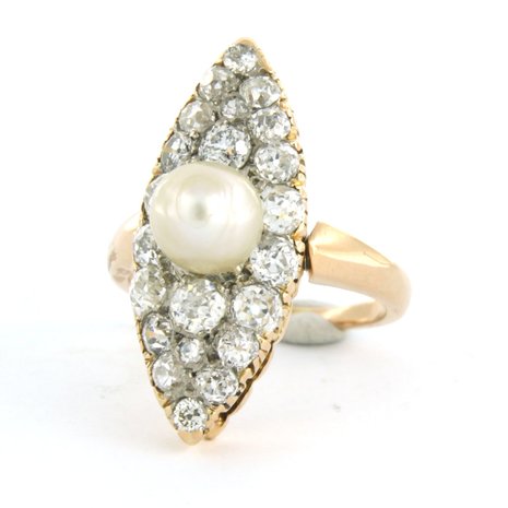 18k rose gold marquise ring set with pearl and Bolshevik cut diamonds tot. 2.00ct