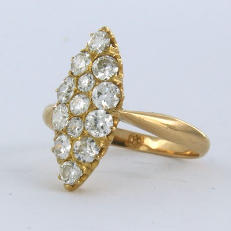 20k rood gouden markies ring bezet met oud Amsterdams geslepen diamant tot. 1,50ct