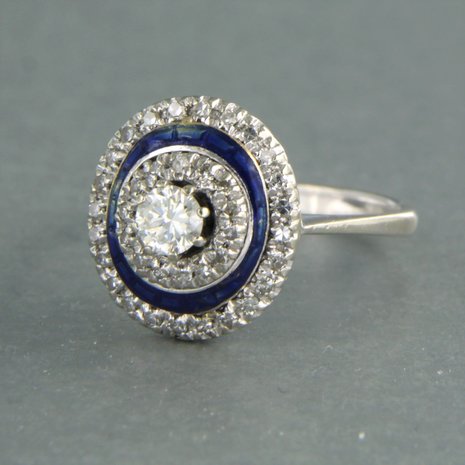 18 kt white gold ring set with enamel and brilliant and single cut diamond tot. 0.23ct/0.27ct