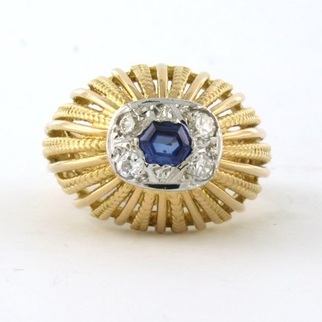 18k bicolour gouden ring bezet met saffier en bolsjewiek geslepen diamant tot. 0,32ct