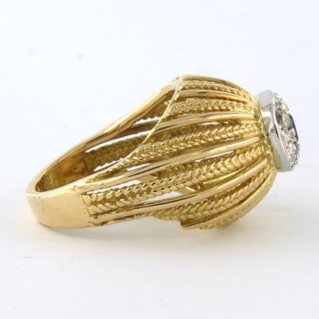 18k bicolour gouden ring bezet met saffier en bolsjewiek geslepen diamant tot. 0,32ct