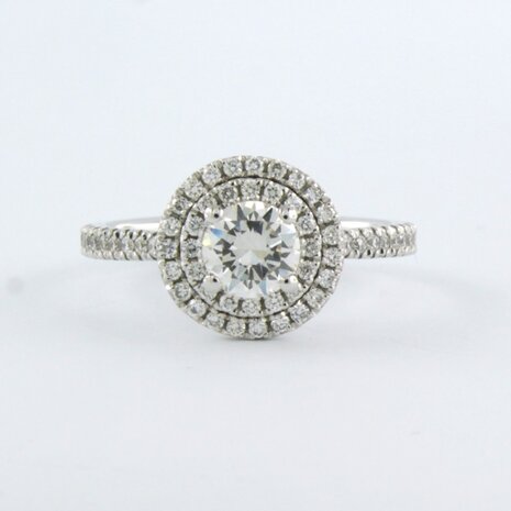 14 kt white gold ring set with a central brilliant cut diamond 0.61 ct and brilliant cut diamonds 0.39 ct