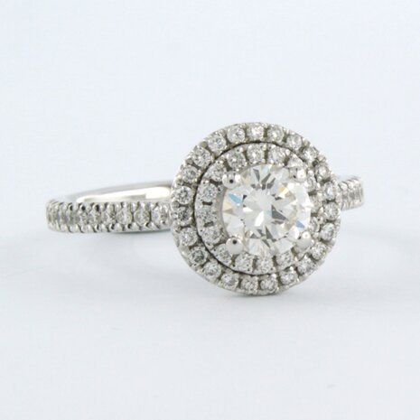 14 kt white gold ring set with a central brilliant cut diamond 0.61 ct and brilliant cut diamonds 0.39 ct