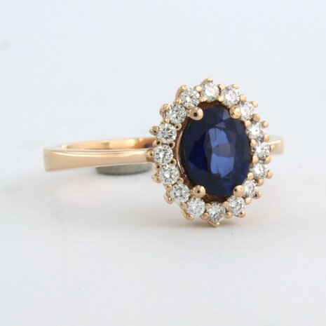 18 kt rose gold ring with sapphire 1.18 ct and brilliant cut diamonds 0.30 ct