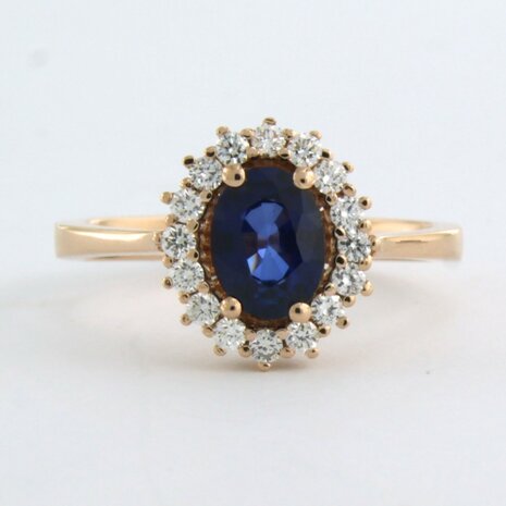 18 kt rose gold ring with sapphire 1.18 ct and brilliant cut diamonds 0.30 ct