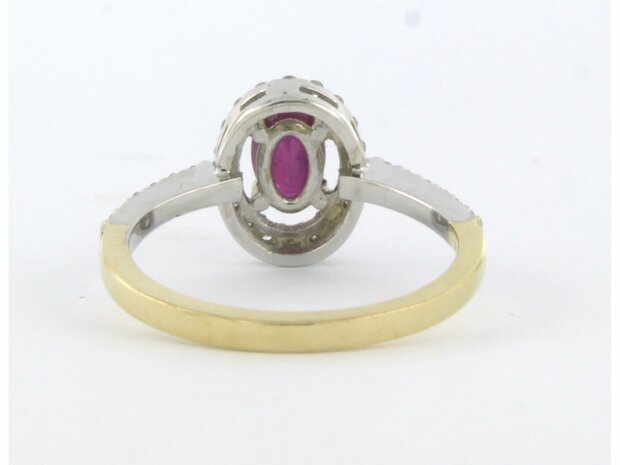 14k bicolor gouden entourage ring met robijn 0.66 ct en briljant geslepen diamant 0.26 ct