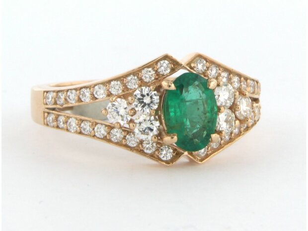 18 kt red gold ring set with emerald and brilliant cut diamond 0.58 ct - rm 17.5 (55)