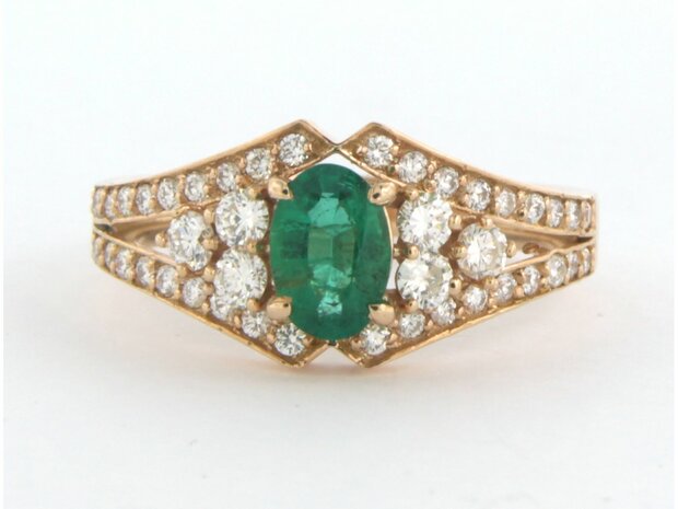 18 kt red gold ring set with emerald and brilliant cut diamond 0.58 ct - rm 17.5 (55)