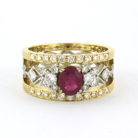 18 kt bicolour gold ring with central ruby and brilliant cut diamond 0.75 ct