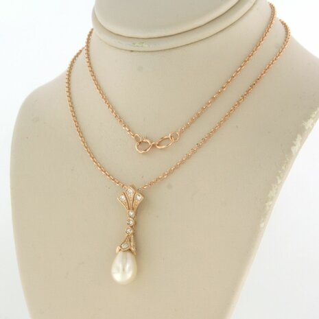 14k rosé gouden collier met hanger met parel en diamant 0.20 ct