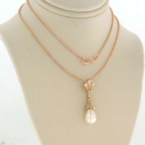 14k rosé gouden collier met hanger met parel en diamant 0.20 ct