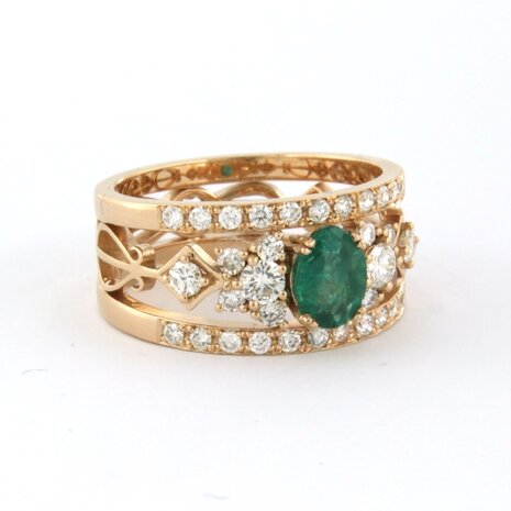 18k rosé goud band ring met centraal smaragd en briljant geslepen diamant 0.82ct