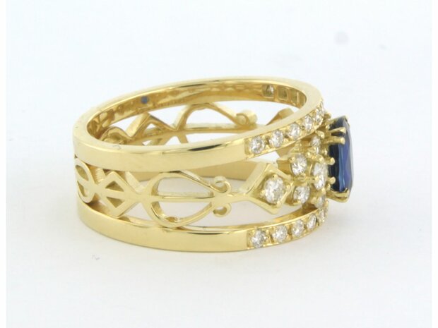 18k geel goud band ring met centraal saffier en briljant geslepen diamant 0.78ct