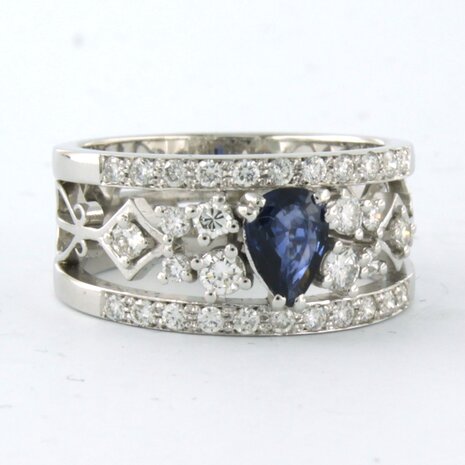 18 kt white gold ring with central sapphire and brilliant cut diamond 0.76 ct