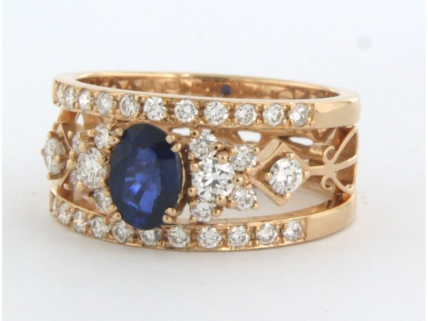 18 kt red gold ring with central sapphire and brilliant cut diamond 0.80 ct