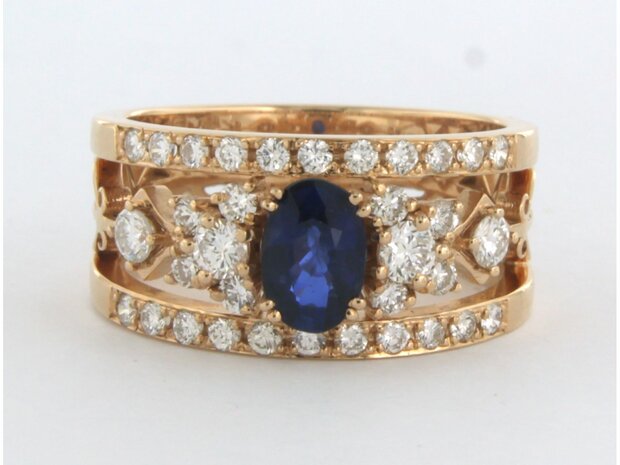 18 kt red gold ring with central sapphire and brilliant cut diamond 0.80 ct
